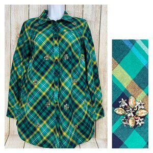 Women Western Plaid Rhinestone‎ Top Bejeweled Button Front Sz S Green Preppy